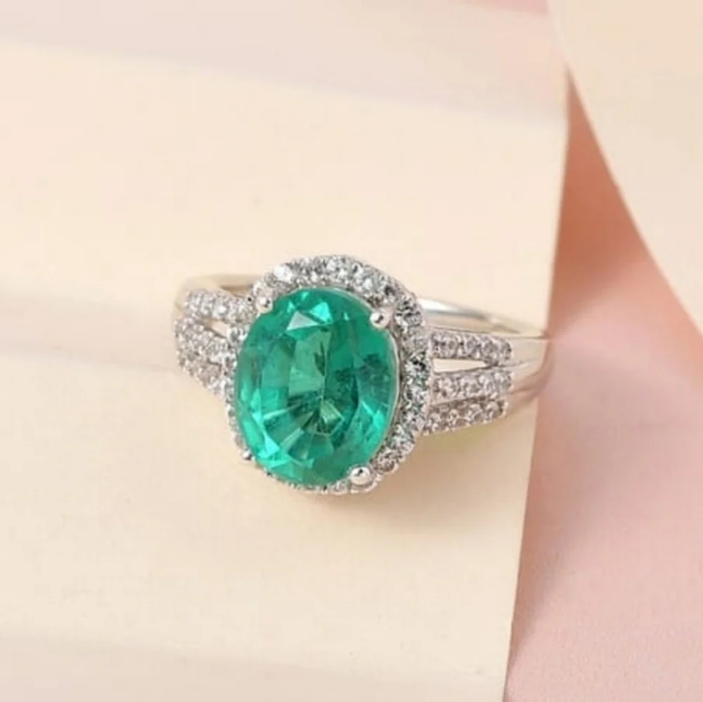Emeraldine Quartz (Triplet) With Natural White Zircon Accented Triple Shank Ring